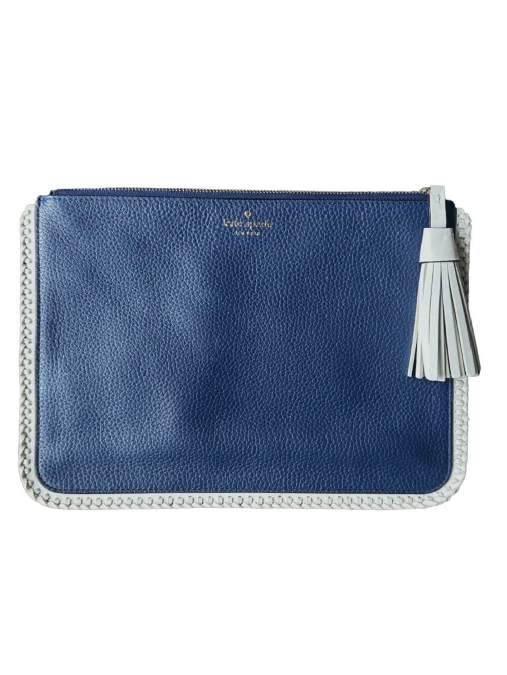 Kate Spade Navy Blue Pebbled Leather Clutch Tassel Cosmetic Pouch Bag White Trim